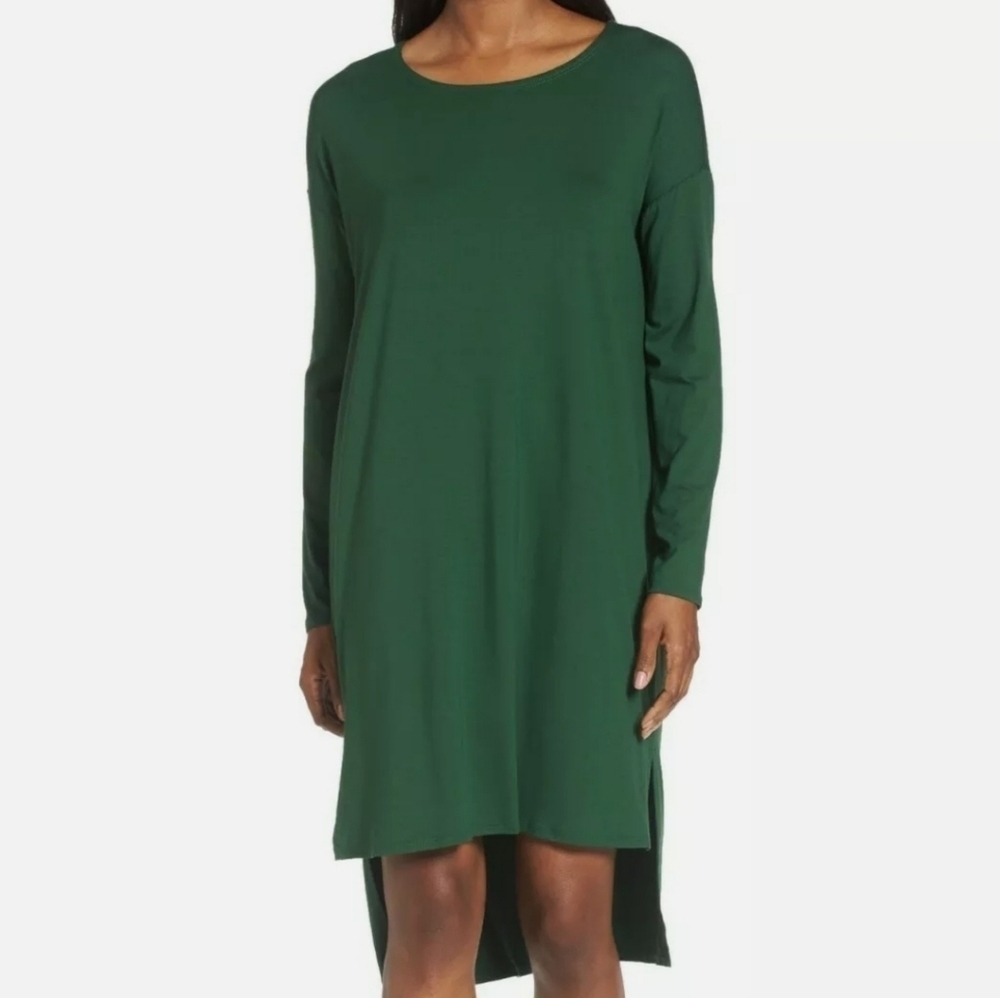 Eileen Fisher Jewel Neck Shift in Hemlock Lightweight Viscose dress